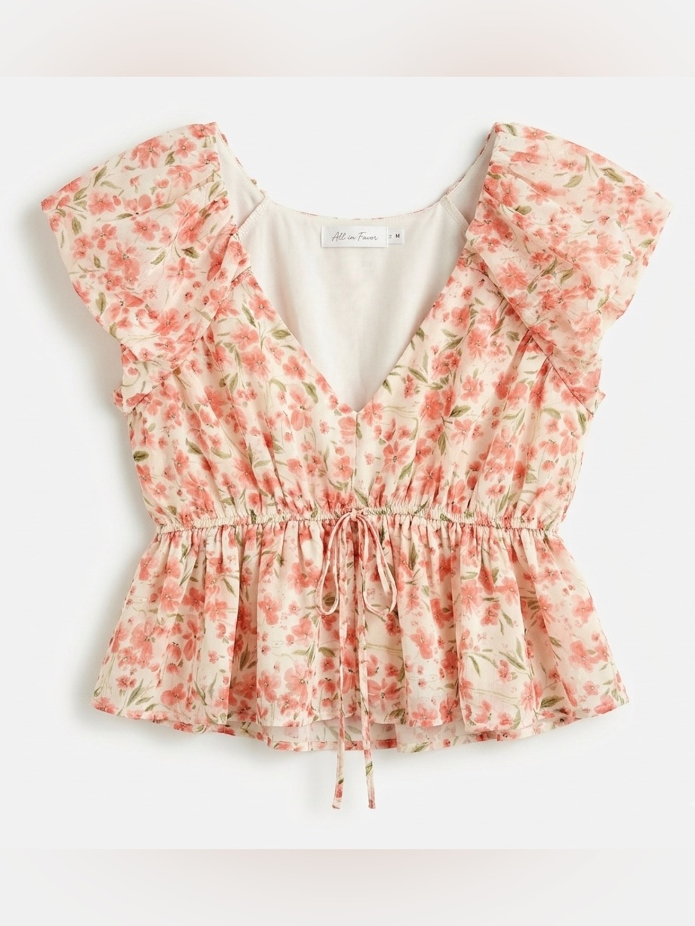 All in Favor Floral Blouse Womens M Pink Ruffle Sleeve Peplum V Neck Cottagecore